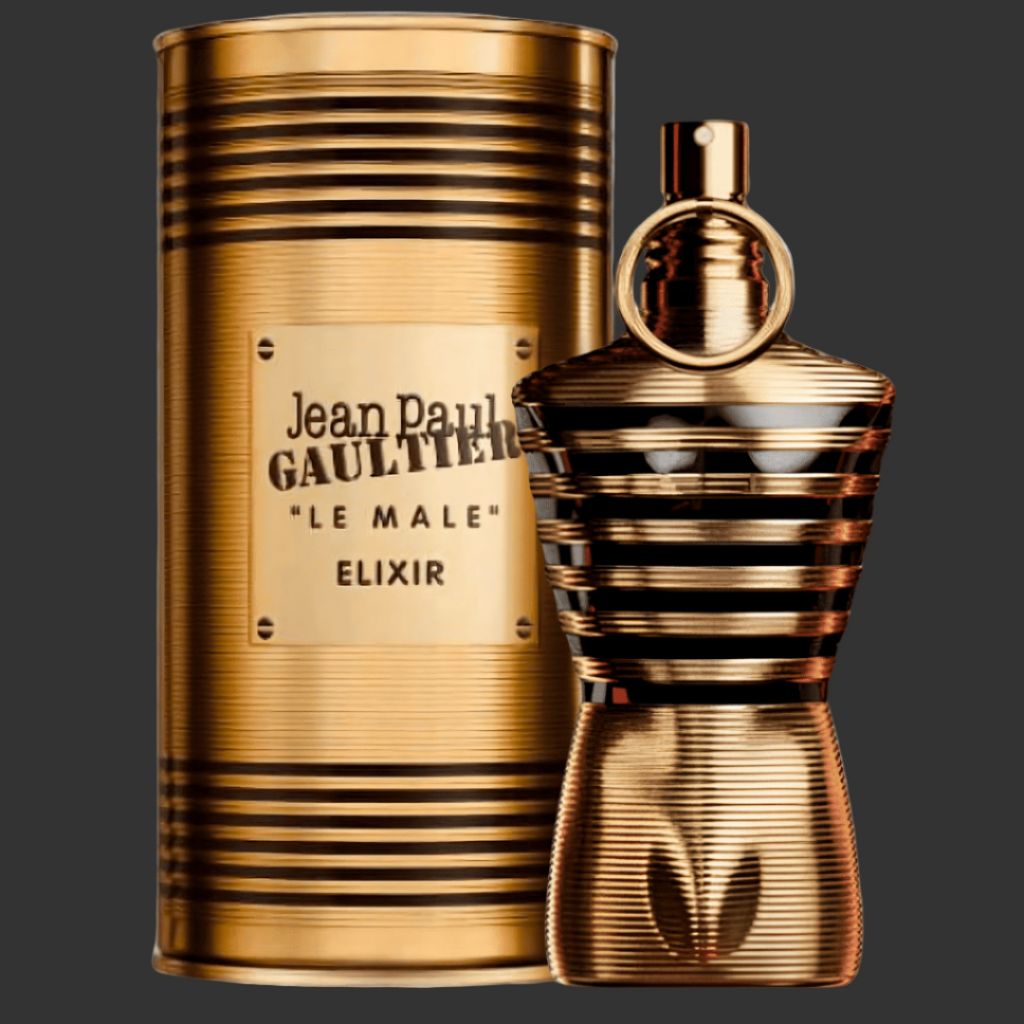 Gold perfume bottle and packaging of Jean Paul Gaultier Le Male Elixir on a white background